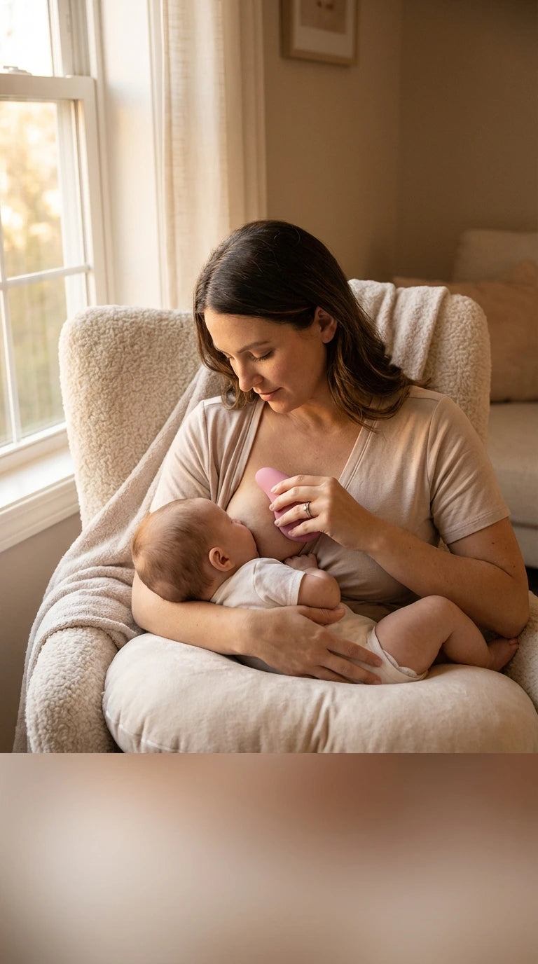 Mother breastfeeding with lactation massager